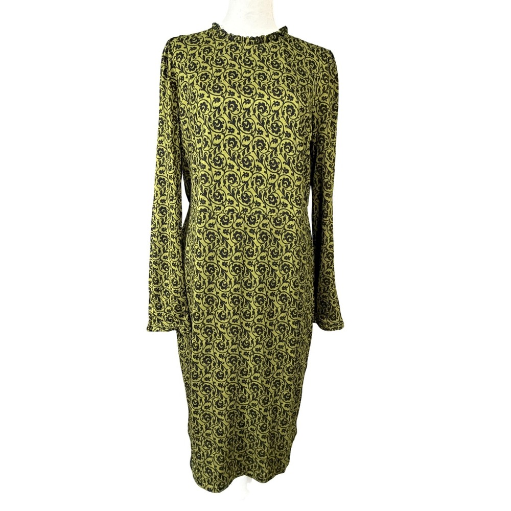 Boden Dress Womens 12L Tall Green Floral Sheath Ruffle High Neck Long Sleeve